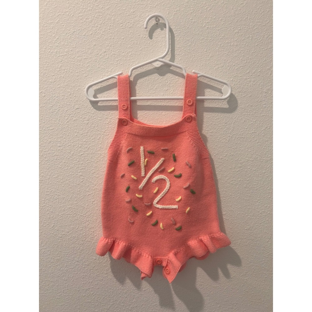 Pink Knit Half Birthday Romper 6-12M Sprinkles Ruffle Sleeveless Pink